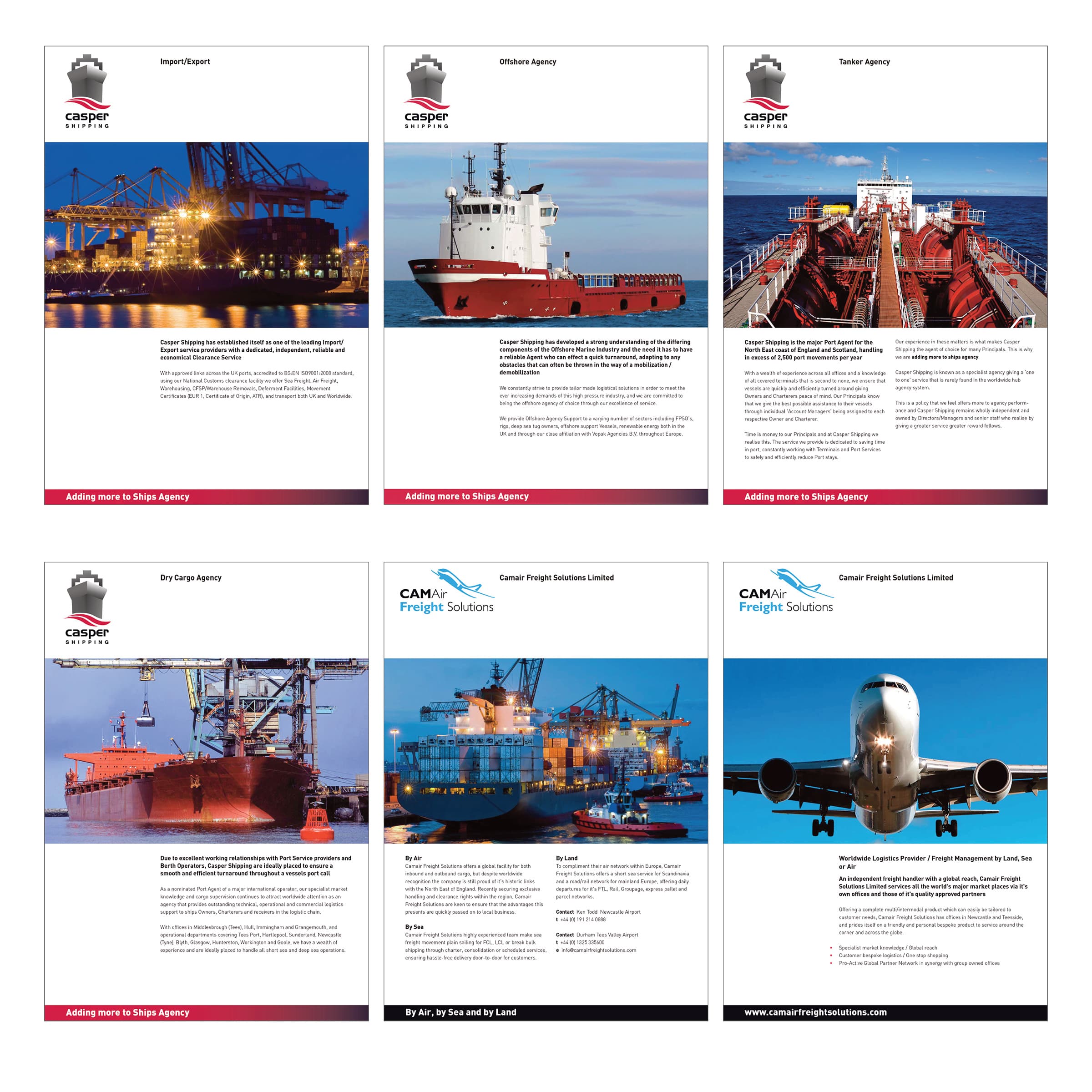 Six brochure pages for Casper Shipping's Import/Export, Offshore, Tanker and Dry Cargo agency services, and Camair Freight Solutions