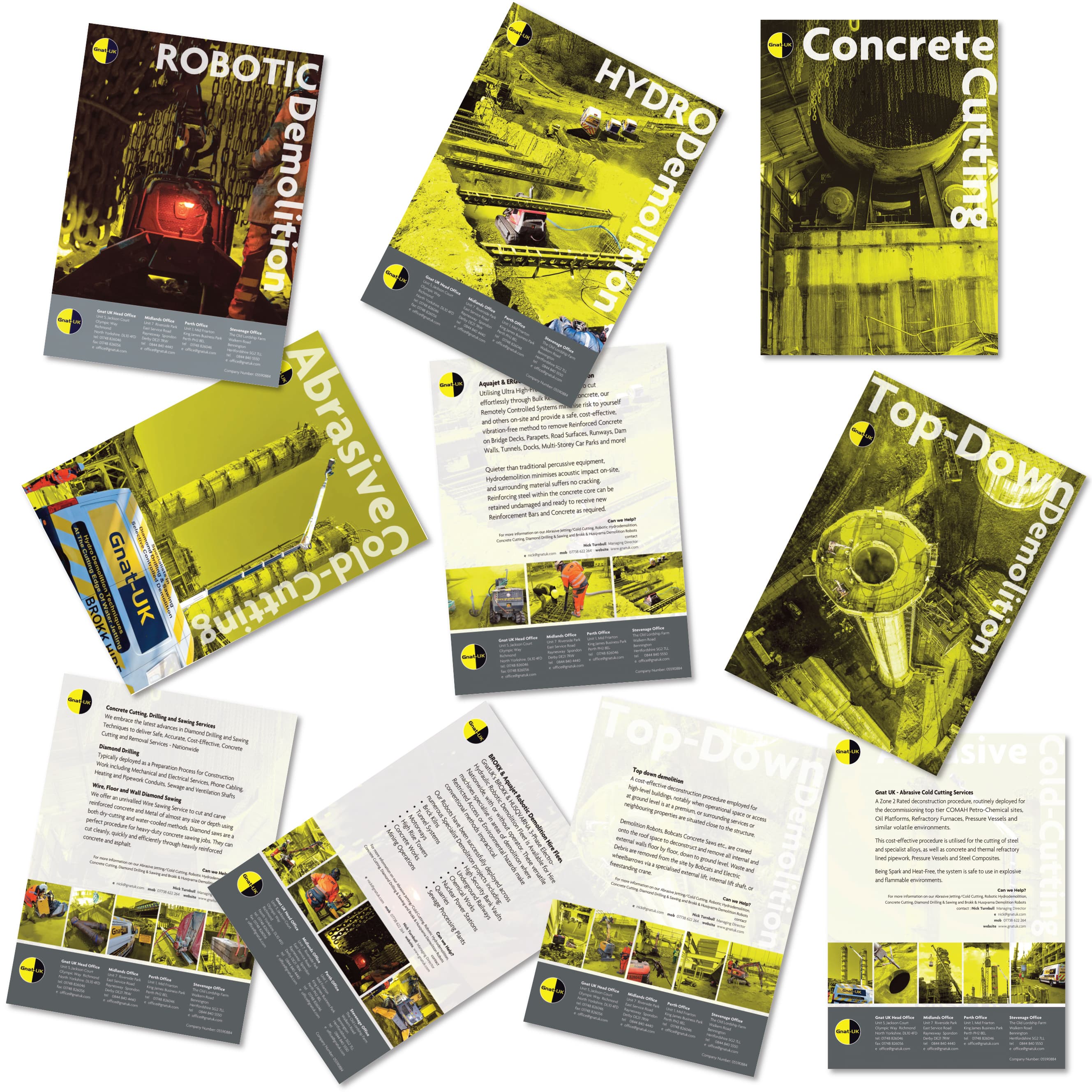 Set of ten GNAT UK service leaflets for the Leeds Armouries exhibition, covering robotic demolition, hydrodemolition, concrete cutting, top-down demolition and abrasive cold-cutting